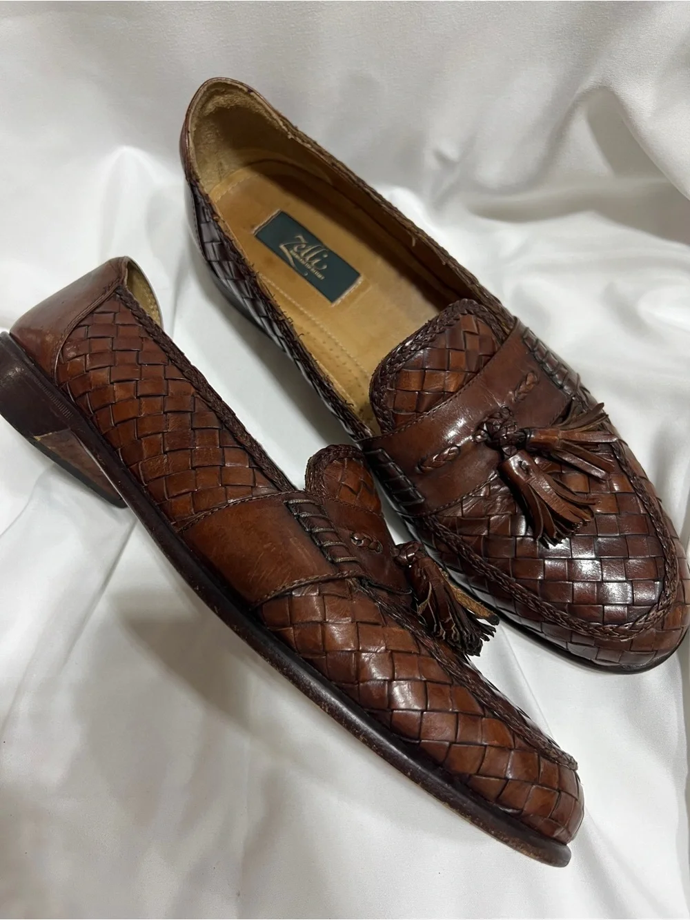 Men's Brown Woven Leather Tassel Loafers Zelli 11.5